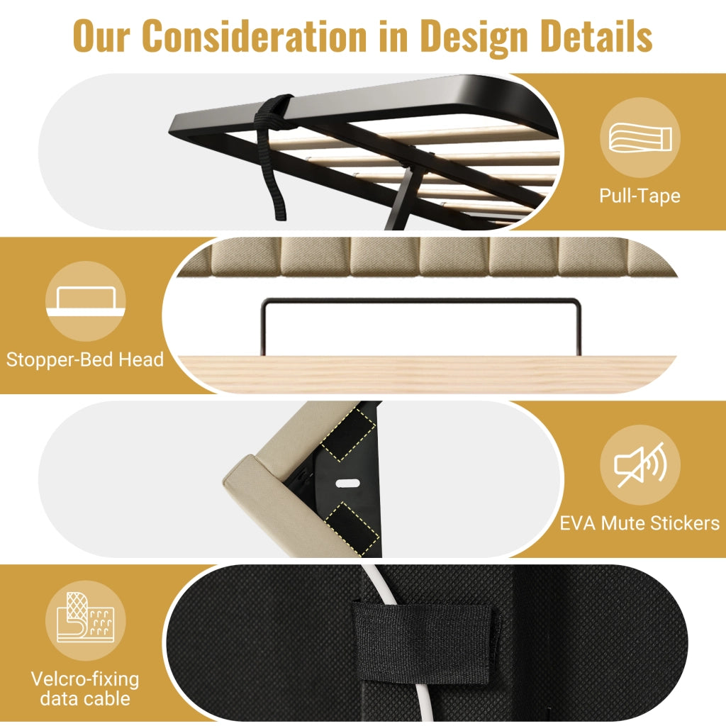 Letto matrimoniale 140 × 190 cm con contenitore LED USB e Type-C in lino beige con rete a doghe