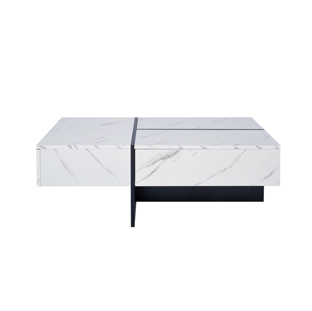 Tavolino da salotto in truciolato con finitura lucida effetto marmo bianco, 100x50x34,5 cm, con sistema di illuminazione LED controllabile via app, colore nero