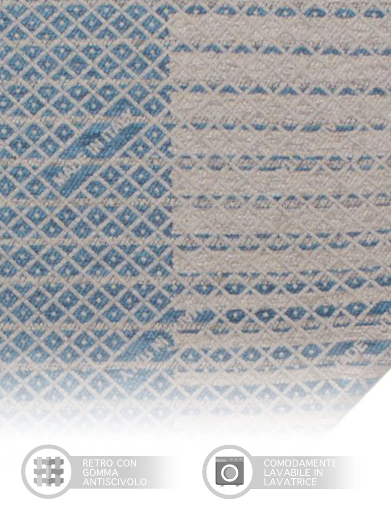 Tappeto Arredo Moderno Morbido in Ciniglia Ingresso Antiscivolo Prodotto Italiano  Soggiorno Camera Salotto Disegni Piazzati Cotone Varie Misure Grande Neon/Azzuro - 65x220 cm