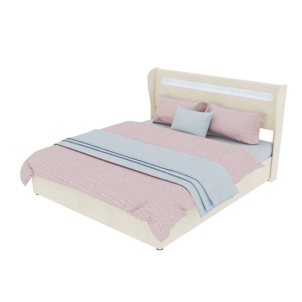 Letto matrimoniale LED 160x200 cm beige con contenitore e materasso