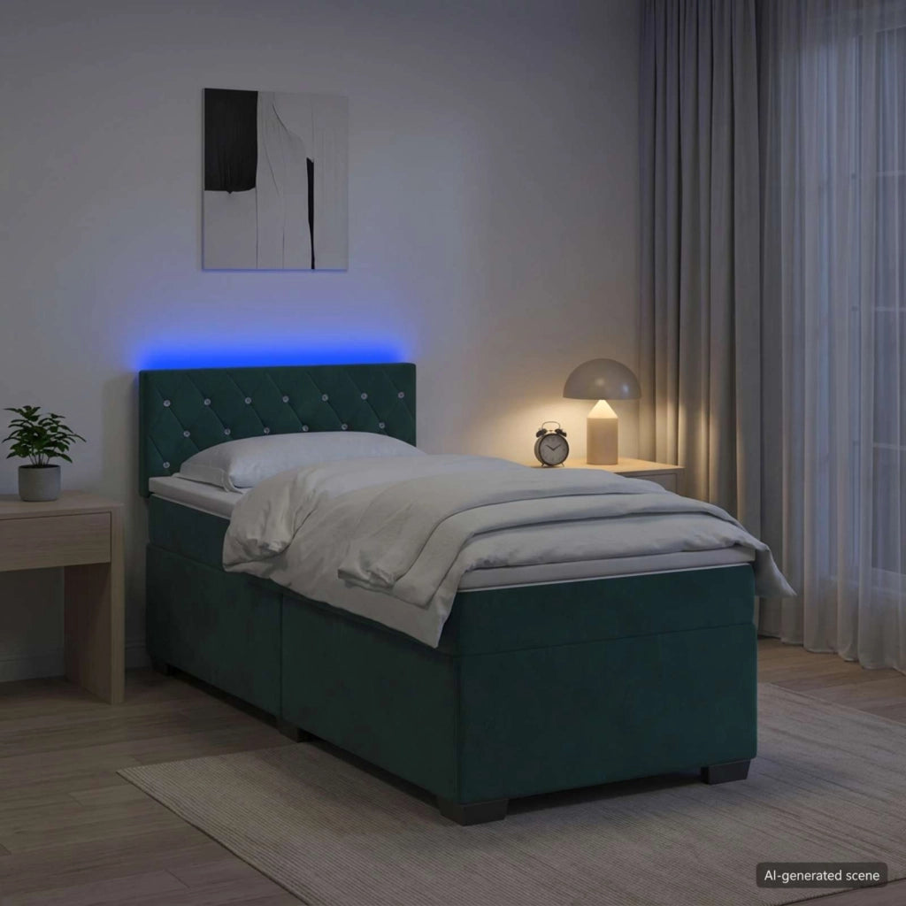 Letto con Box Spring, Materasso e LED Verde Scuro 100 x 200 cm 3452117