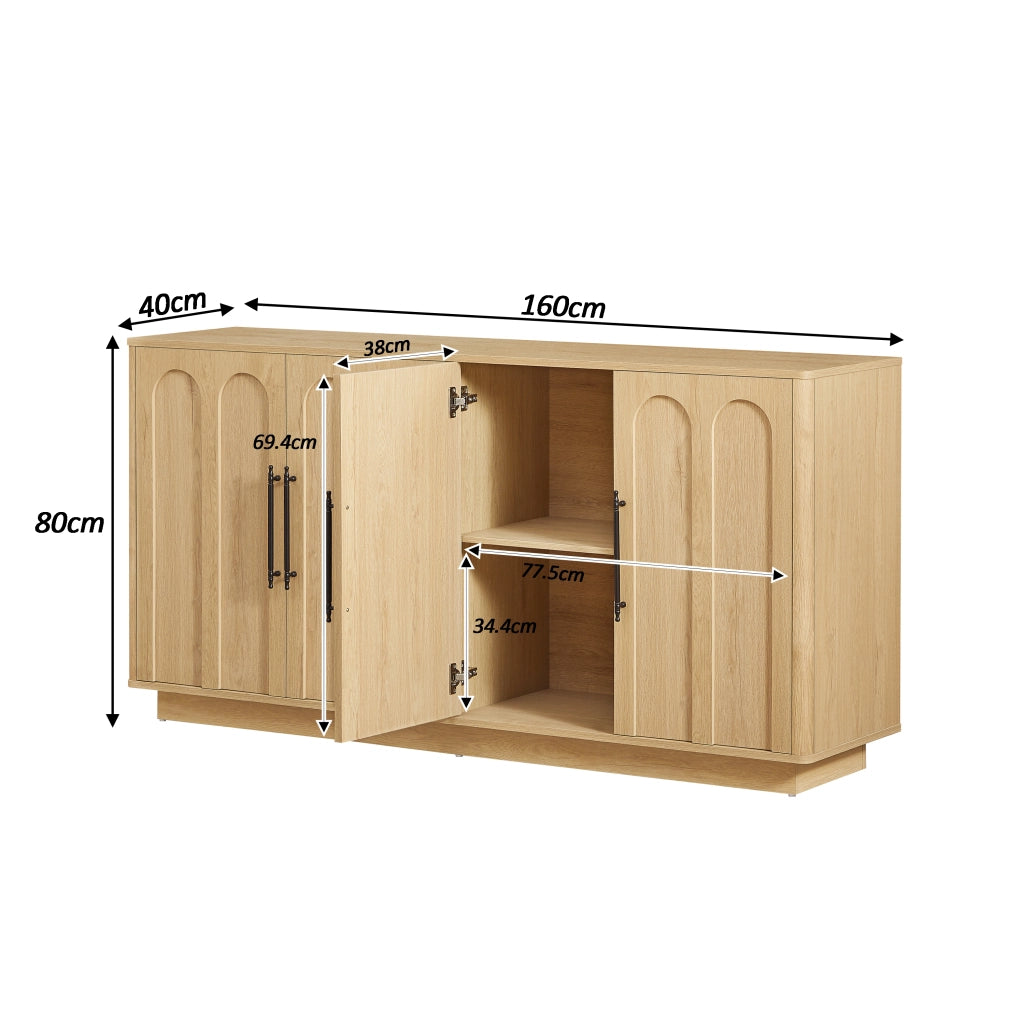 Sideboard ad arco 160 cm, 4 ante con cerniere soft-close e sicurezza anti-ribaltamento, mobile contenitore in legno per soggiorno e sala da pranzo