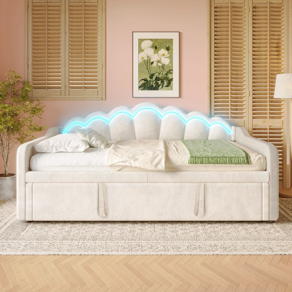 Letto con letto estraibile 90 × 200 cm doppia superficie 180 × 200 cm con LED regolabili in velluto beige