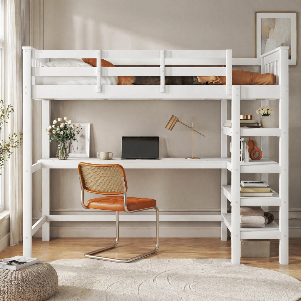 Hochbett 90x200 cm con scrivania e ripiani; in pino e MDF; bianco