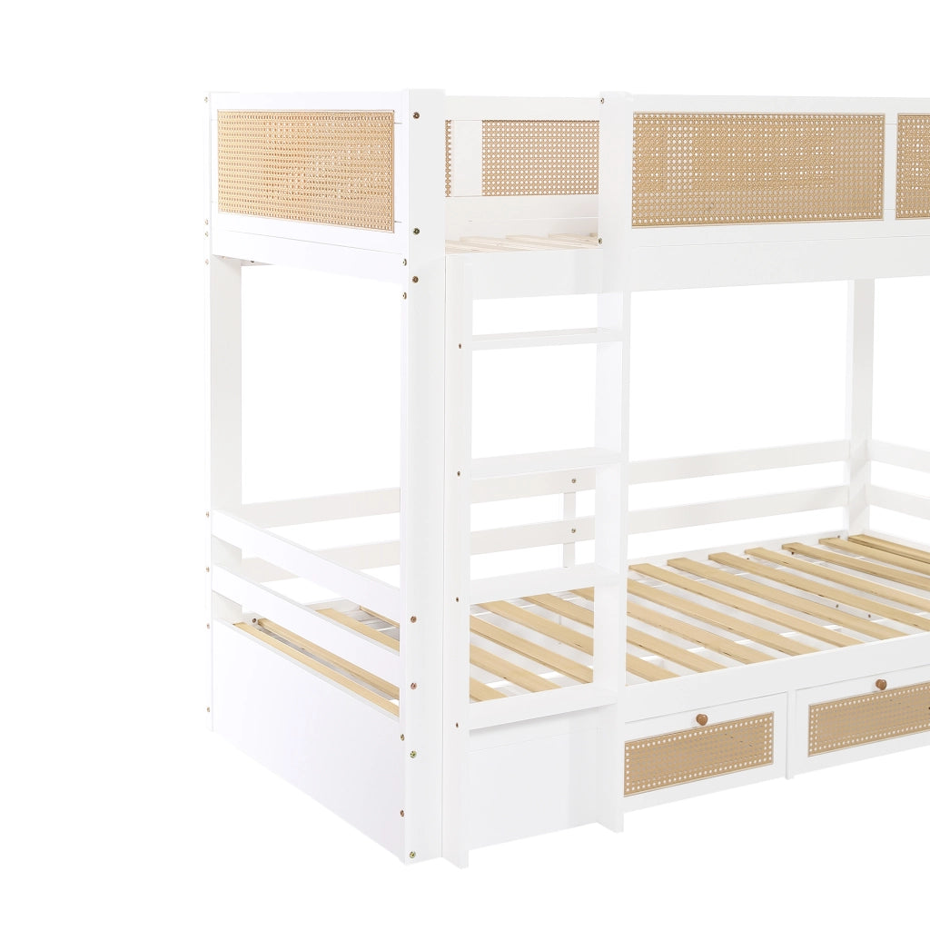 Letto a castello per bambini 90 × 200 cm 2 posti con 3 cassetti, scala a 4 gradini e barriere, senza materasso