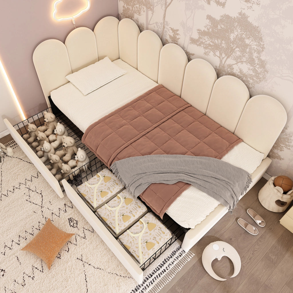 Letto singolo imbottito 90 ¡Á 200 cm con due cassetti in velluto beige con rete a doghe e lati intercambiabili