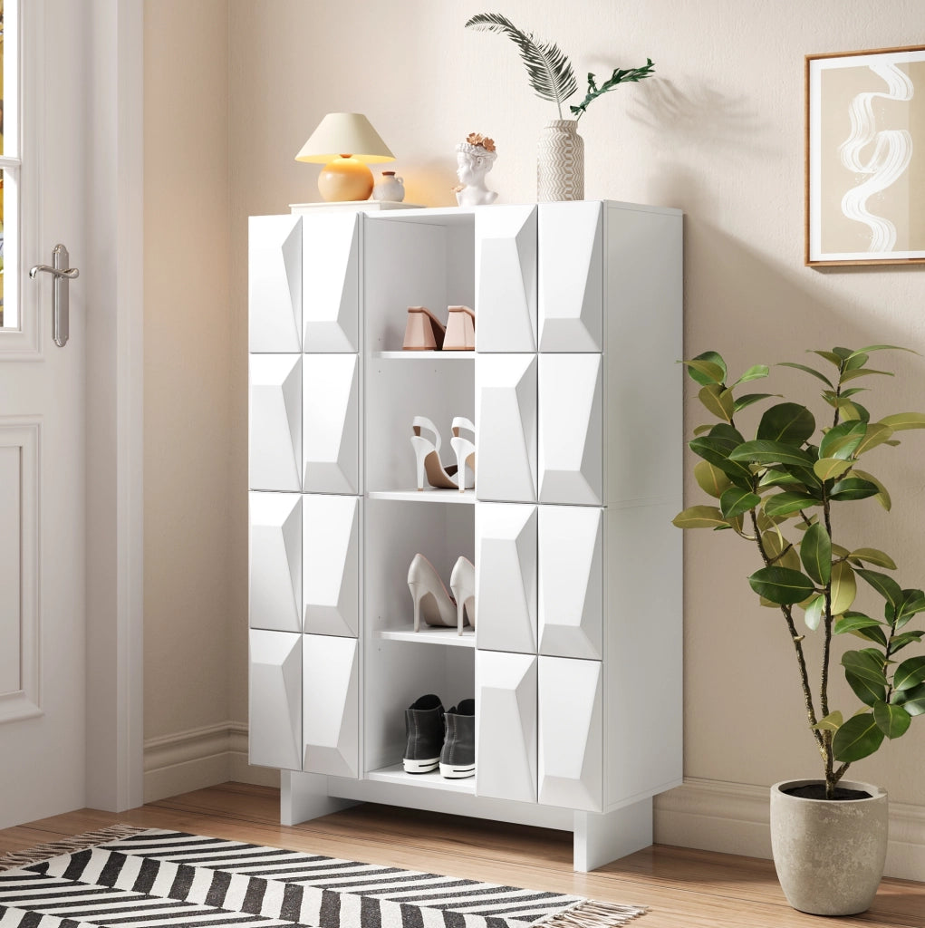 Vetrina scarpiera in truciolare 90;5x34x135;5 cm; 4 ante e 12 scomparti; bianco