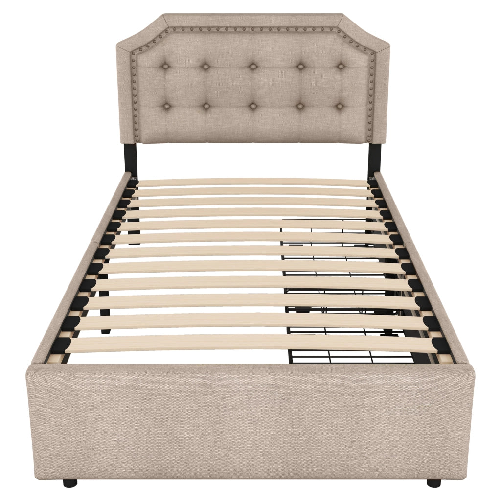 Letto imbottito 90x200 cm con 2 cassetti in lino e MDF beige scuro