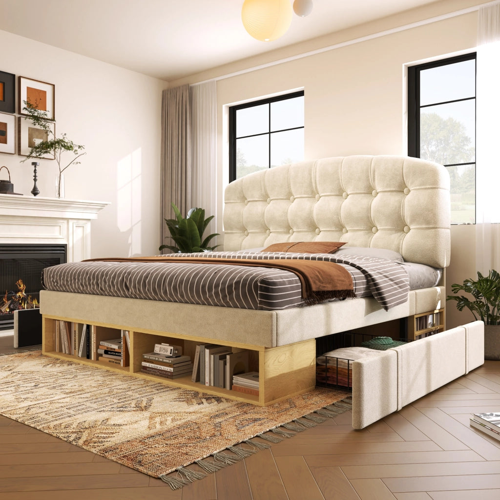 Letto singolo 90 × 200 cm con cassetti e vani portaoggetti; senza materasso; in velluto beige