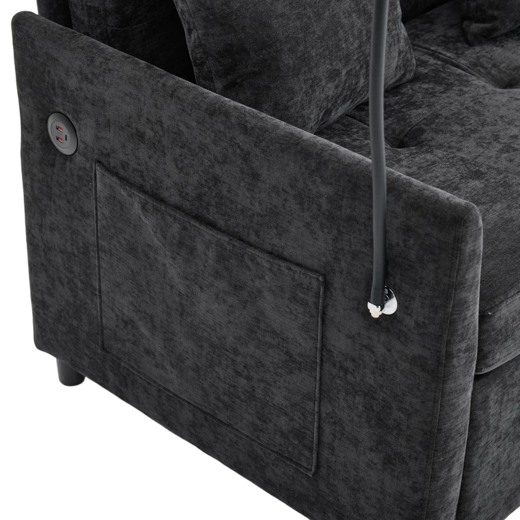 Divano per piccoli spazi in tessuto effetto lino spazzolato nero con porta USB e supporto tablet 83;5 × 109 × 72 cm
