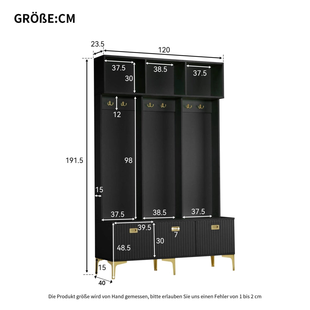 Mobile da ingresso con panca contenitore, 6 ganci dorati e ripiani per scarpe, nero, 120 × 23.5 × 191.5 cm