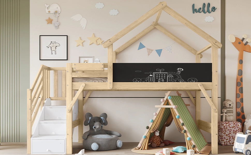 Letto a castello per bambini 90 × 200 cm con scala contenitore lavagna e tetto in legno bianco e naturale