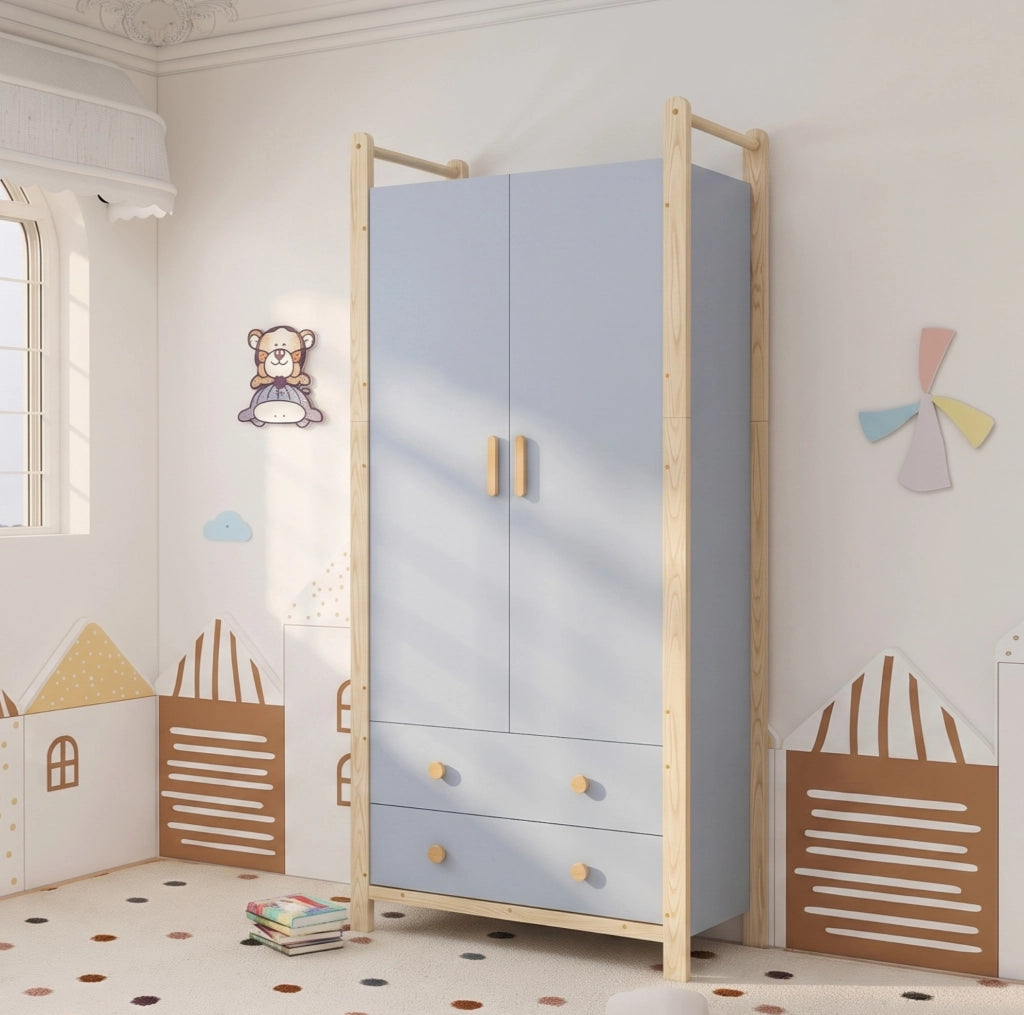 Armadio 2 ante con appendiabiti e 2 cassetti, struttura in truciolato blu, telaio in pino, 90x45x180 cm