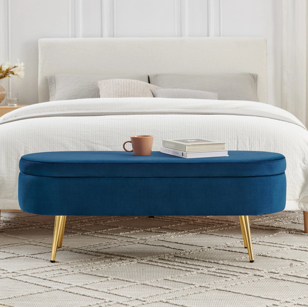 Panca contenitore multifunzione in velluto con struttura in legno massello e gambe in metallo, 110x40x42 cm, capacità 20 L, colore blu