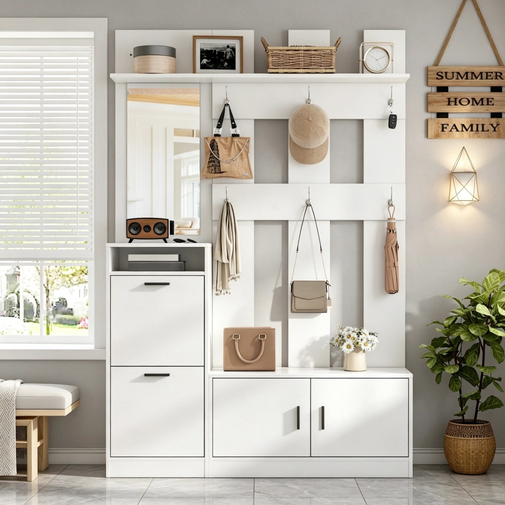 Armadio ingresso bianco con specchio, appendiabiti, scarpiera ribaltabile e seduta 120x30x180 cm in MDF