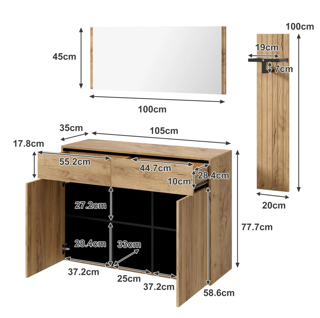 Set guardaroba 3 pezzi con specchio e appendiabiti; 125 ¡Á 35 ¡Á 178 cm; nero e naturale