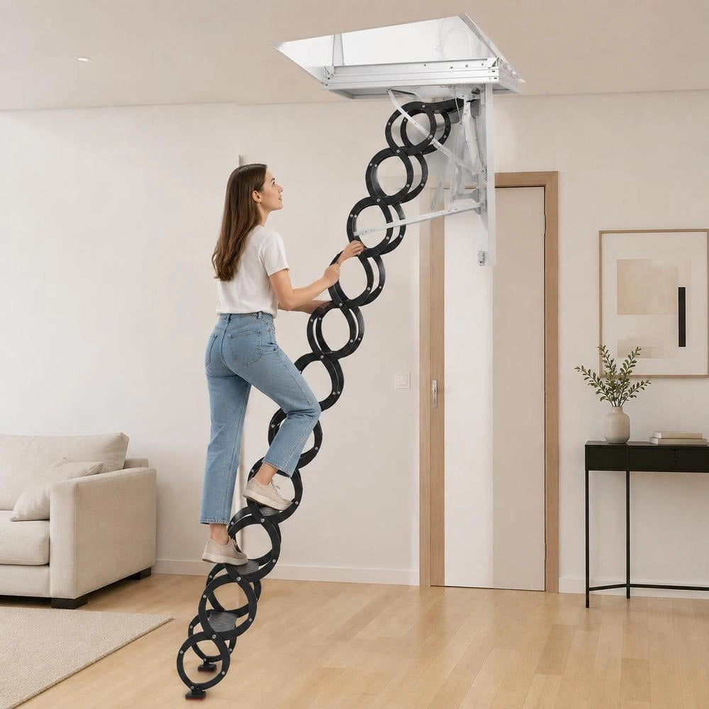 Attic Ladder, Load Capacity 299.4 Kg, Suitable For Ceiling Heights Of 3.2-3.35 M And Opening Size Of 1000.76 X 698.5 Mm, Extendable Ceiling Ladder Made Of Alloy Steel With Pull Rod For Attic