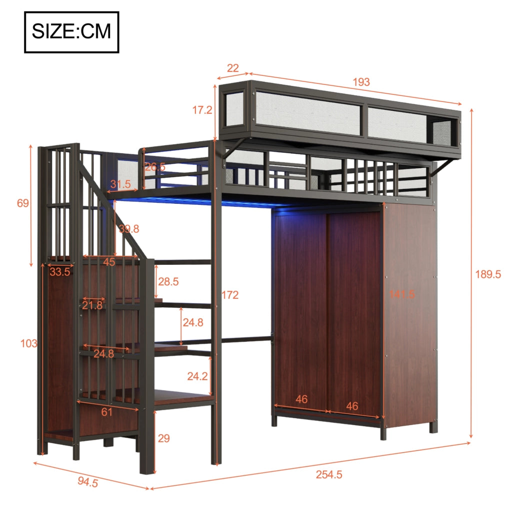 Letto a soppalco 90x200 cm con armadi, LED e scala contenitore
