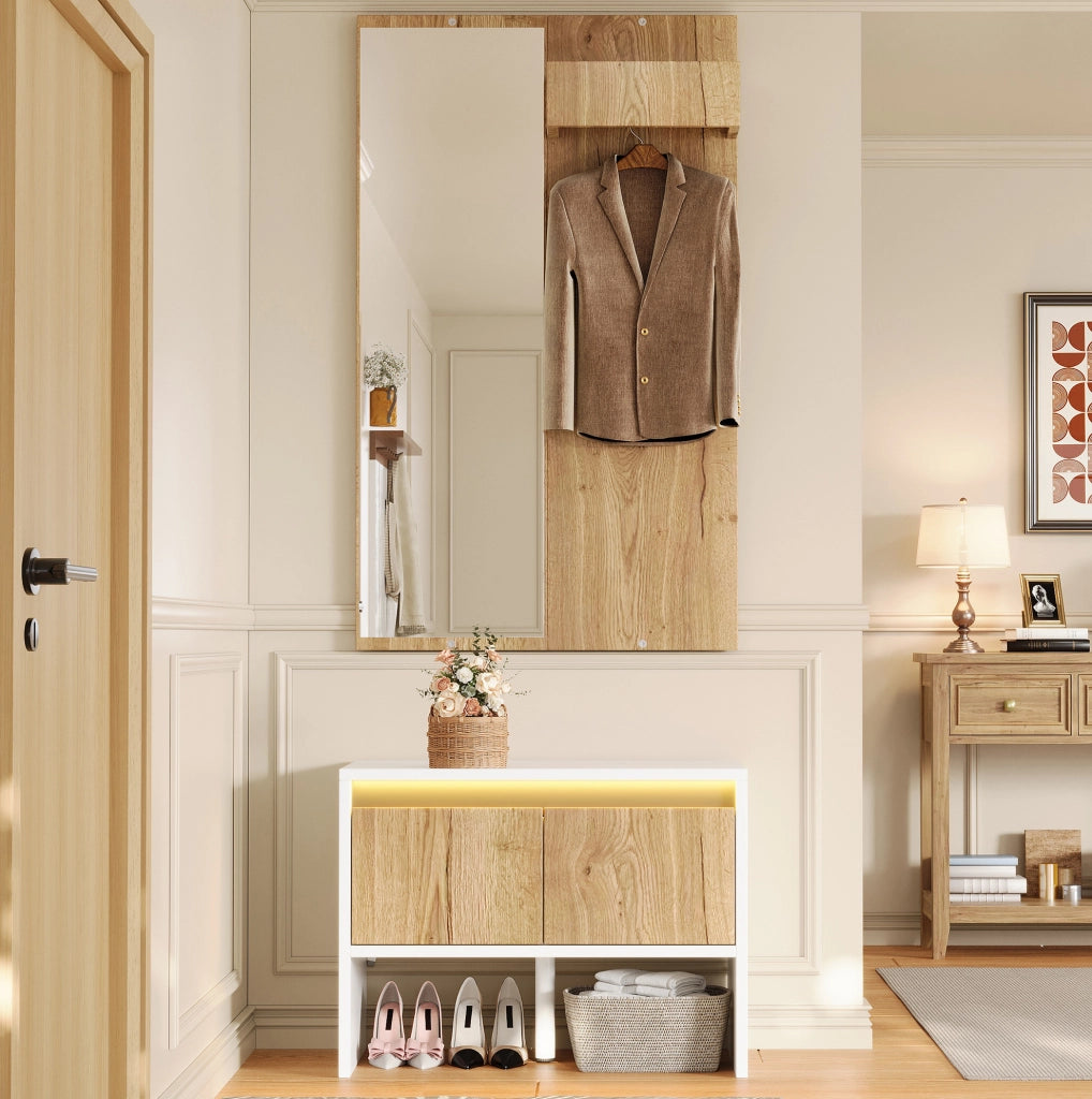 Set guardaroba con appendiabiti, specchio, panca porta scarpe e 2 cassetti, bianco e naturale, 60×38×145 cm