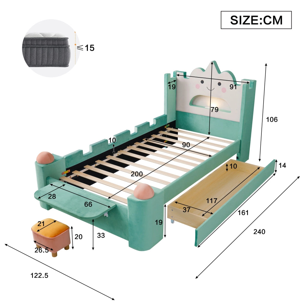 Letto per bambini 90 × 200 cm con lampada LED, USB, cassetto e mensola pieghevole, senza materasso, blu verde