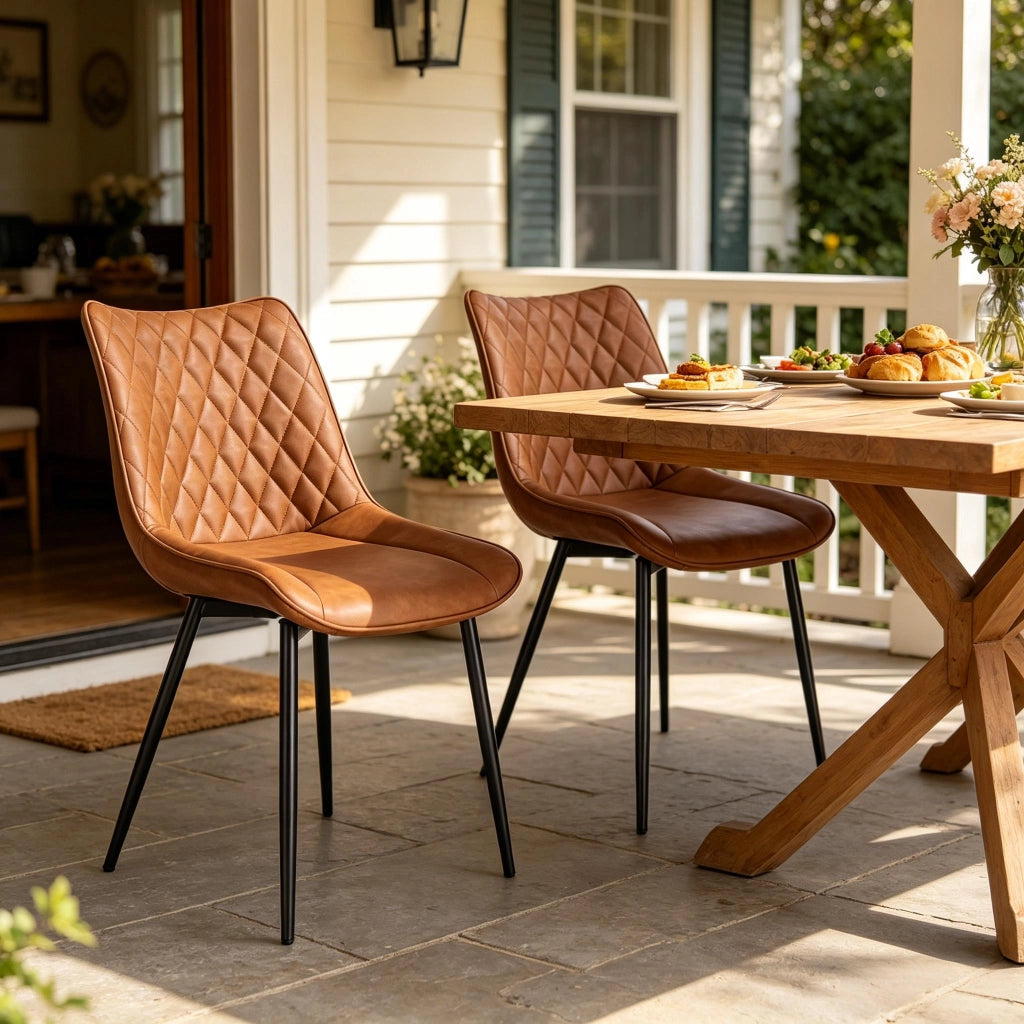 Sedia da sala da pranzo coppia di 2 con schienale ergonomico curvo e gambe in metallo, similpelle marrone chiaro