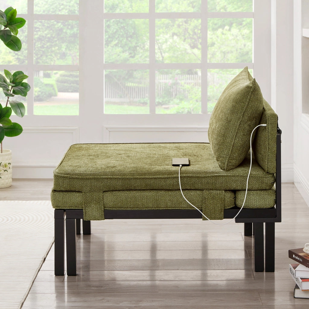 Poltrona letto con funzione letto rivestita in velluto verde con porta USB Type-C e struttura in legno