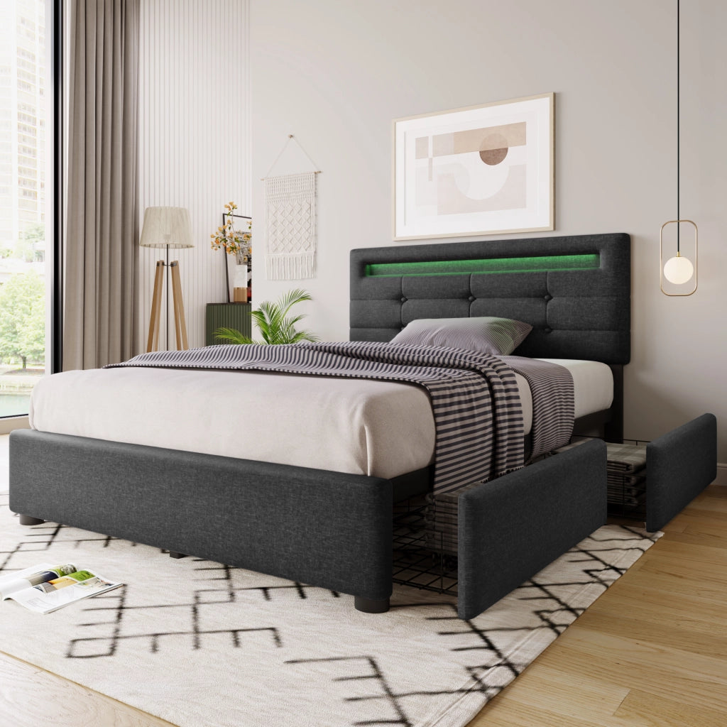 Letto singolo con cassetti 90 × 200 cm con LED e testiera regolabile rivestito in lino grigio