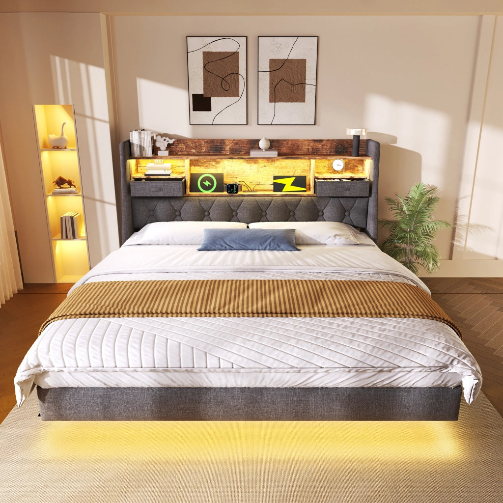 Letto Matrimoniale 140x200 cm Imbottito Grigio con LED; Prese USB e Type-C; Testiera Contenitore in Lino