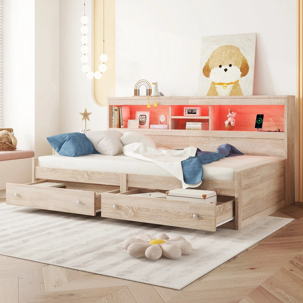 Letto singolo 90×200 cm con LED; USB; 2 cassetti e vani; rete inclusa; senza materasso; naturale