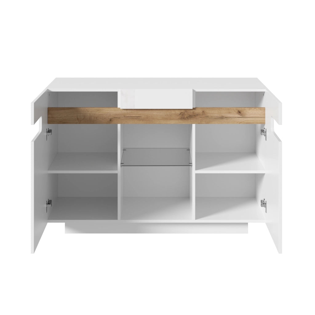 Credenza ULEVR 120x40x80 cm con LED regolabile via app, ripiani in vetro e vani aperti, bianco effetto legno naturale