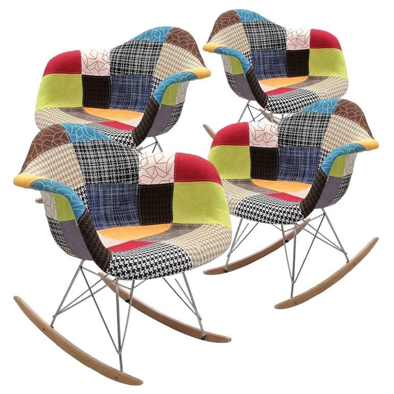 SET 4 POLTRONE PATCHWORK A DONDOLO IN TESSUTO CON GAMBE IN LEGNO 69 X 69 CM