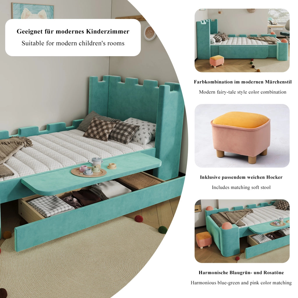 Letto singolo imbottito per bambini 90 × 200 cm con ripiano pieghevole cassetto contenitore velluto blu verde