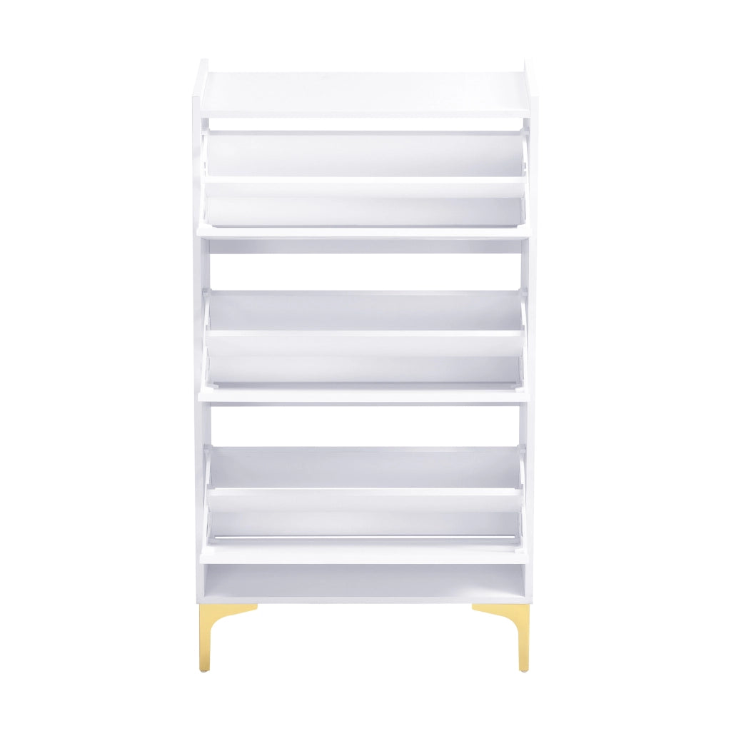 Scarpiera verticale salvaspazio a tre livelli in MDF bianco con gambe in metallo dorato, per ingresso 63 × 24 × 120 cm