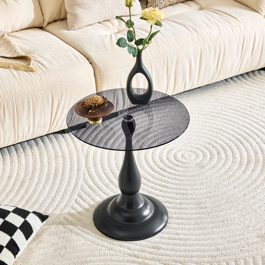 Tavolino da divano rotondo in vetro temperato con base in metallo nero e piano antigraffio diametro 50 cm