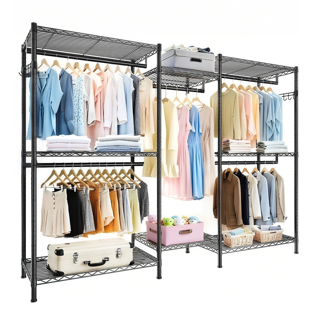 Armadio modulare aperto con 8 ripiani e 5 barre; per camera da letto; in acciaio; 80×46×24 cm; nero