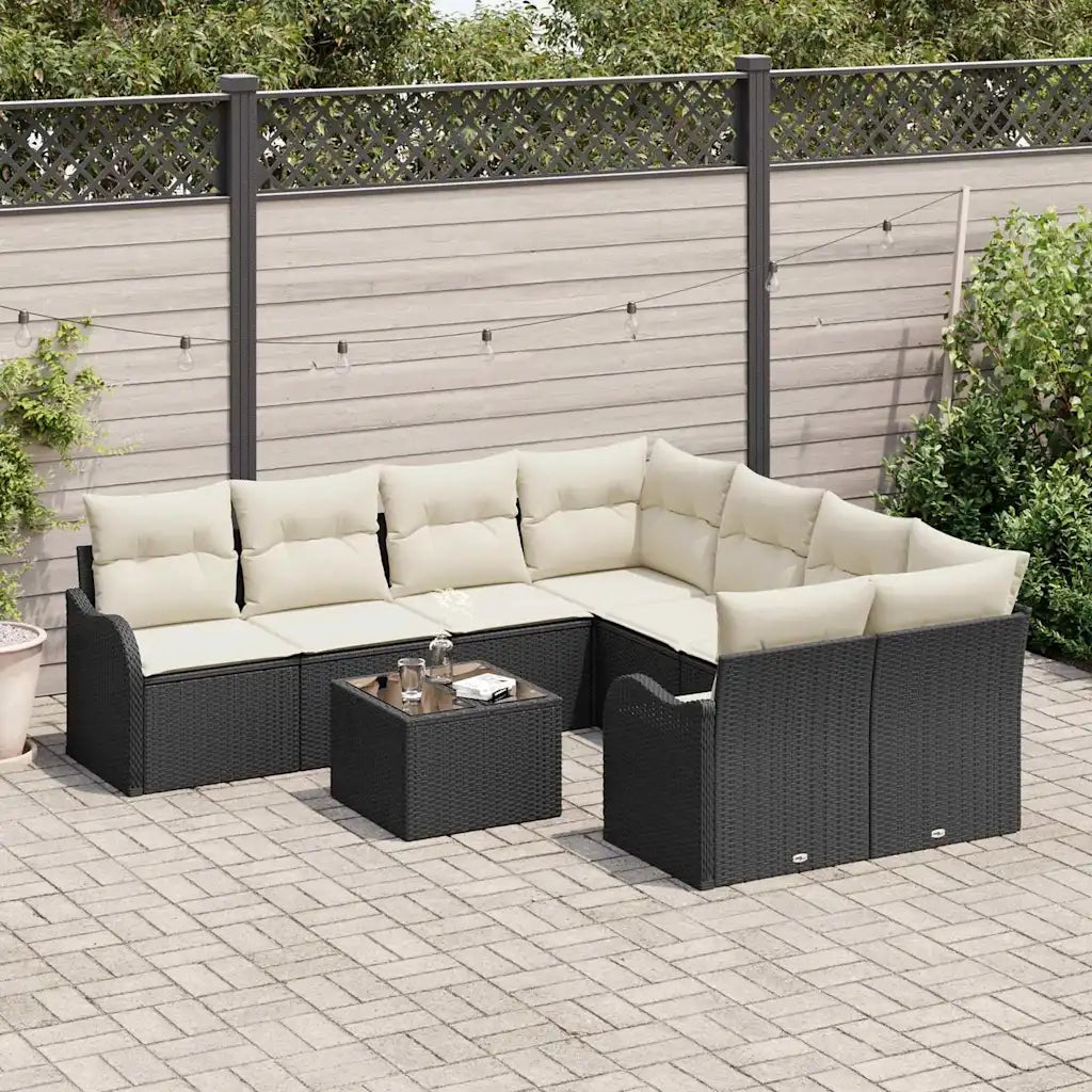 Set Divano da Giardino con cuscino 9 pcs Nero e Crema
