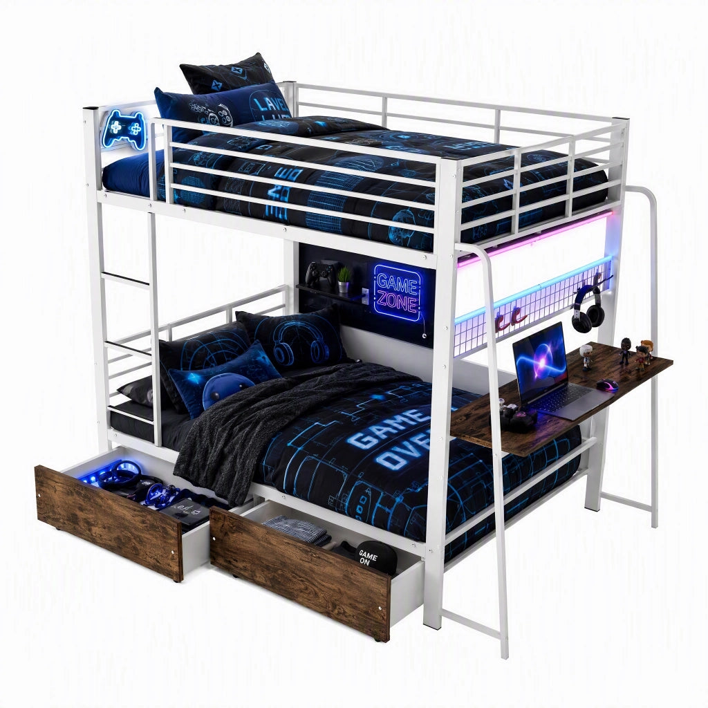 Letto a soppalco 140 × 200 cm con scrivania LED RGB prese USB Type-C 2 cassetti in metallo e MDF bianco opaco
