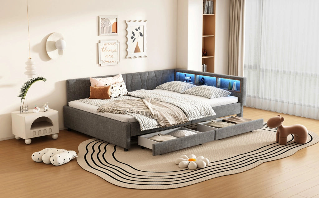 Letto giorno 140x200 cm in lino grigio con LED, doppio cassetto, USB e porta Type-C, rete a doghe senza materasso