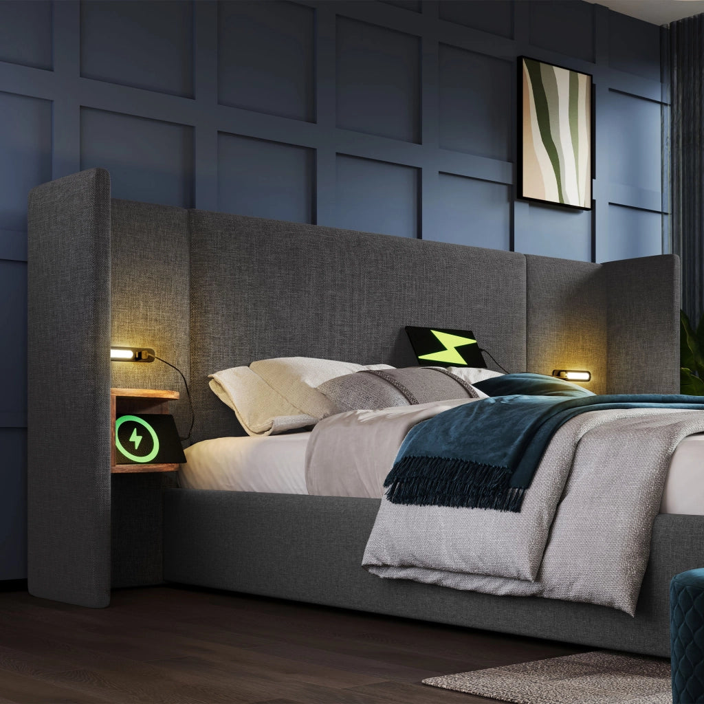 Letto matrimoniale 160x200 grigio con contenitore e comodino