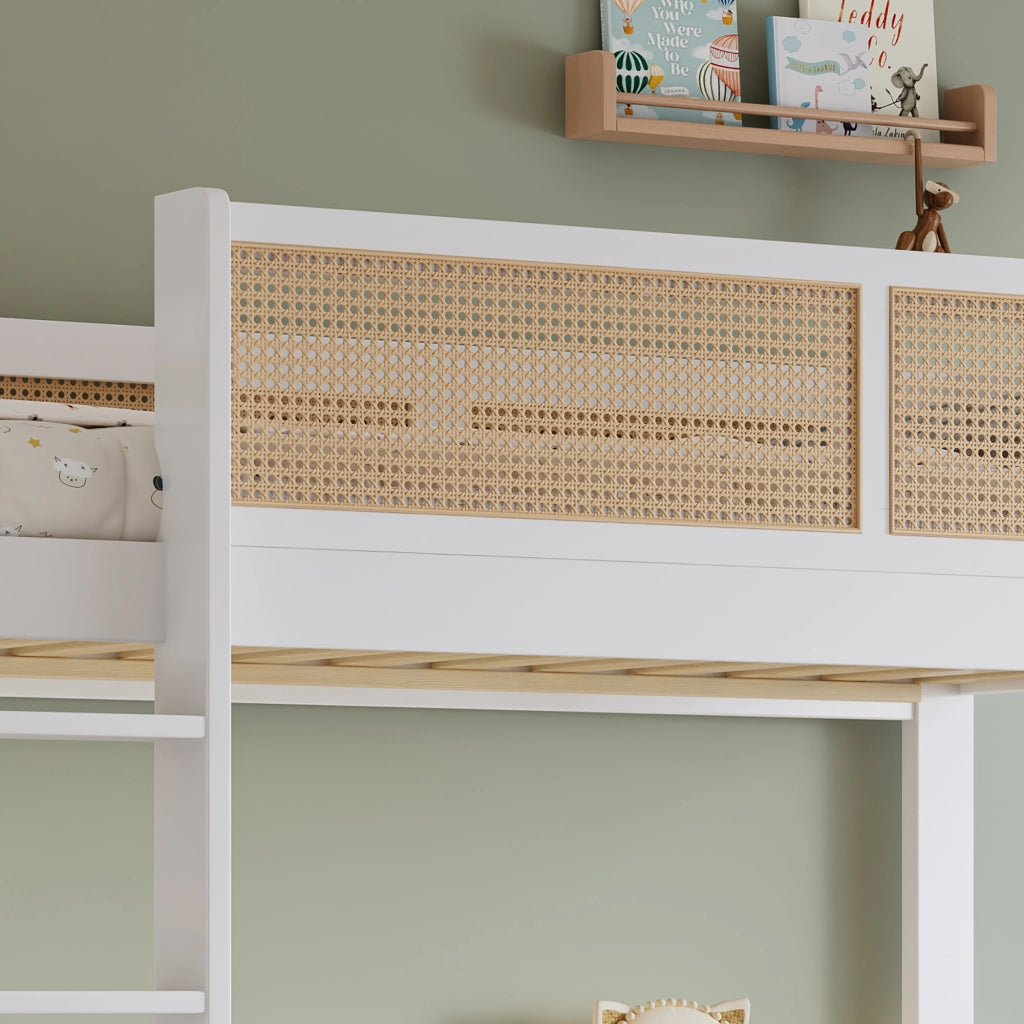 Letto a castello per bambini 90 × 200 cm 2 posti con 3 cassetti, scala a 4 gradini e barriere, senza materasso
