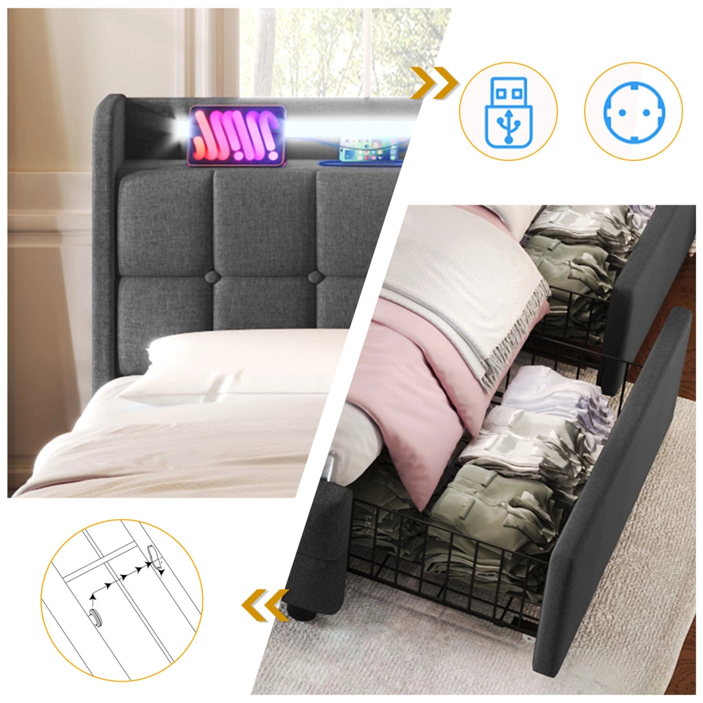 Letto con cassetti 90 × 200 cm con LED prese USB e due cassetti laterali struttura in metallo grigio