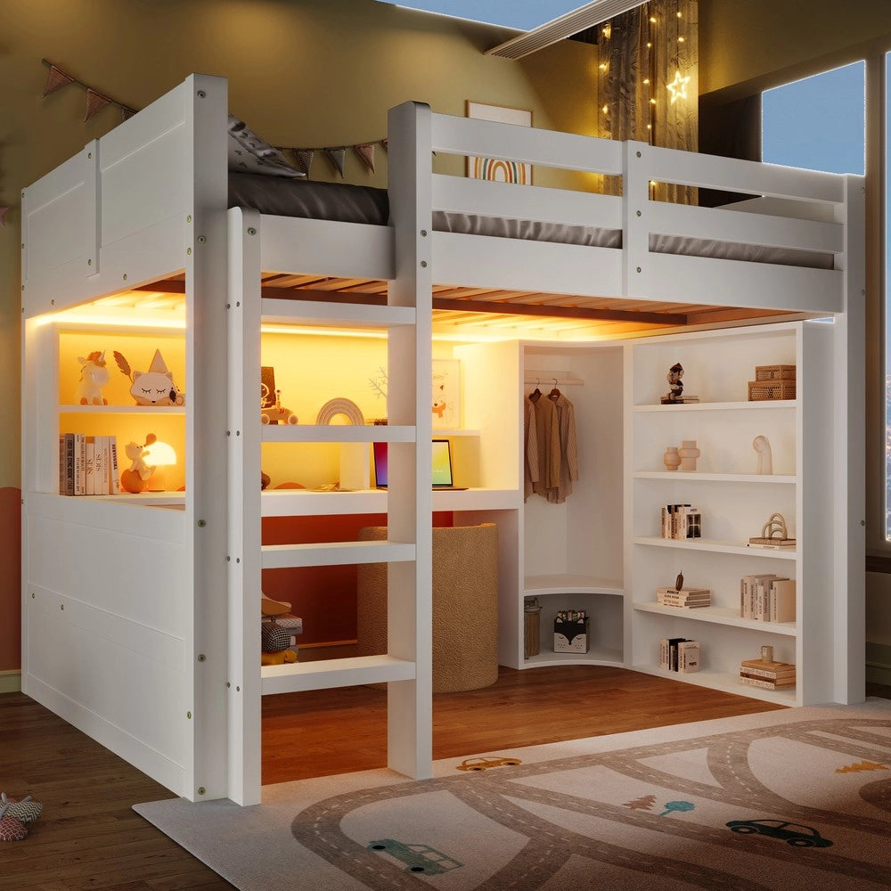 Letto a soppalco ¨C Minimal ¨C 140x200cm, bianco, con LED, armadio, scrivania, cassetti, senza materasso