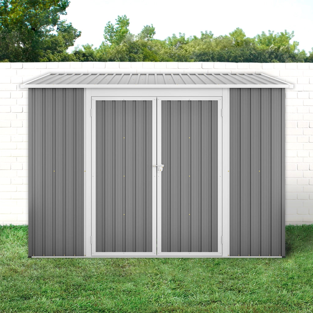 Desviae Casetta da giardino in metallo zincato con doppie porte e porta laterale grigia 262 × 180 × 201 cm