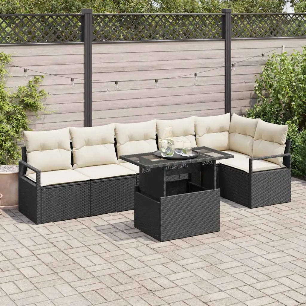 Set Divano da Giardino con cuscino 7 pcs Nero Poly Rattan