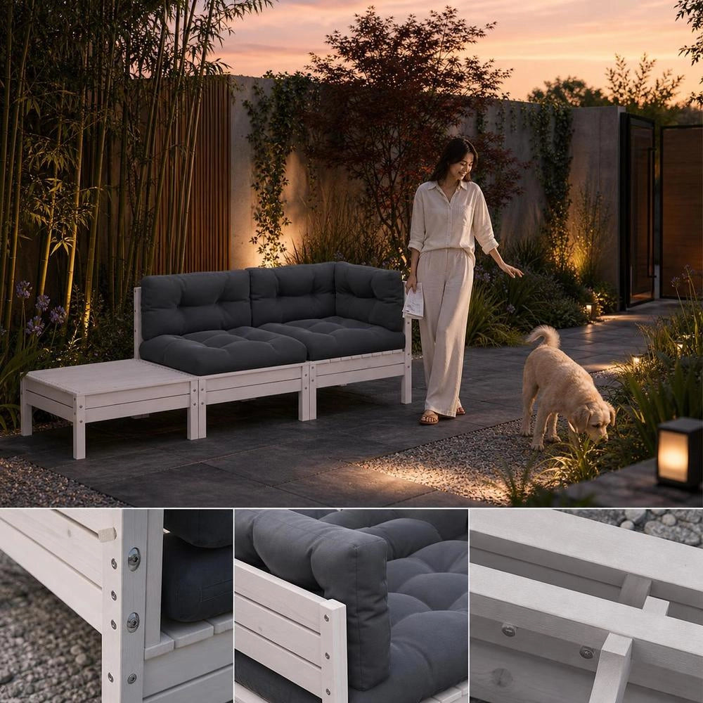 3-piece Garden Lounge Set With Cushions, White, Solid Pine Wood
