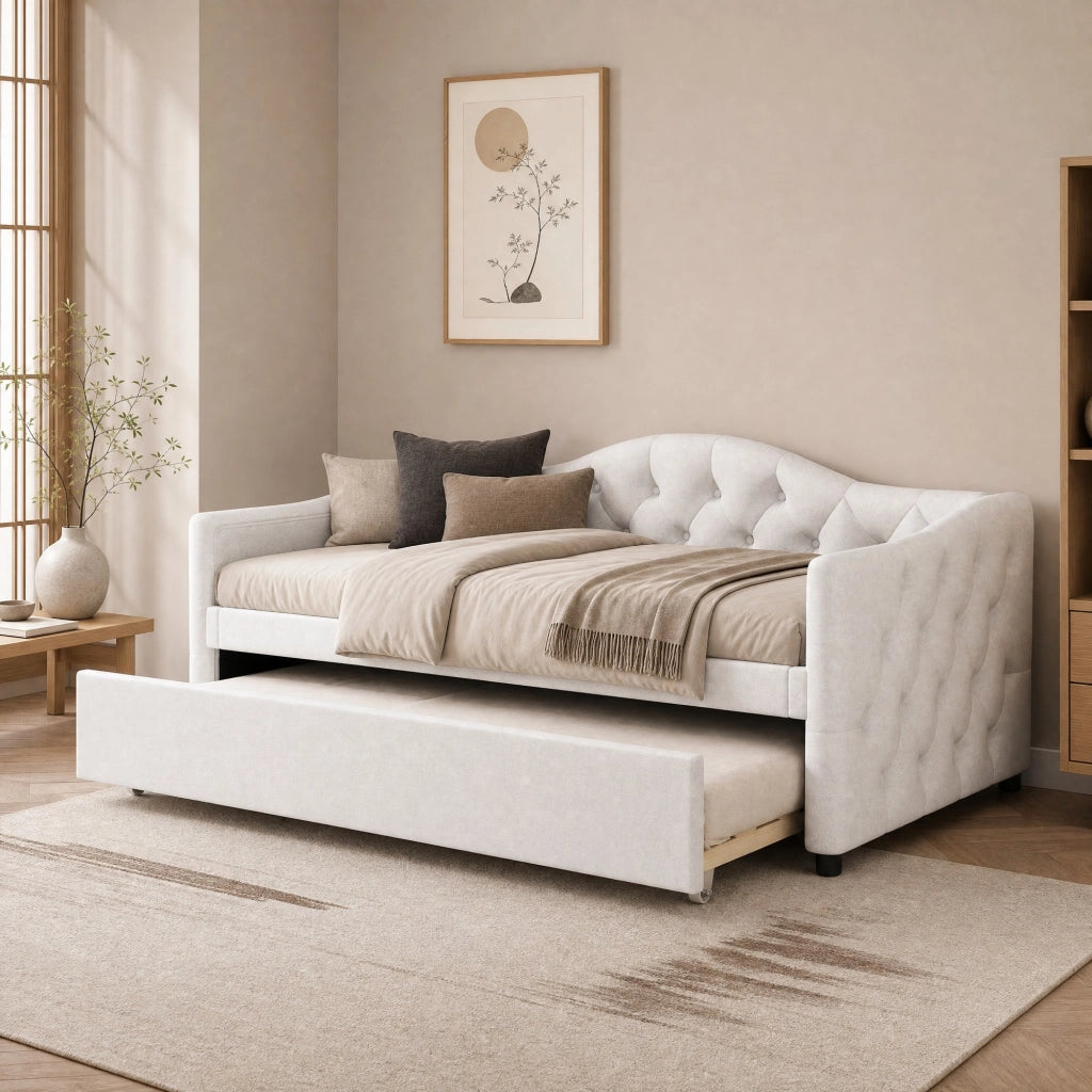 Letto singolo salvaspazio 90×200 cm con letto estraibile; senza materasso; lino e MDF; beige