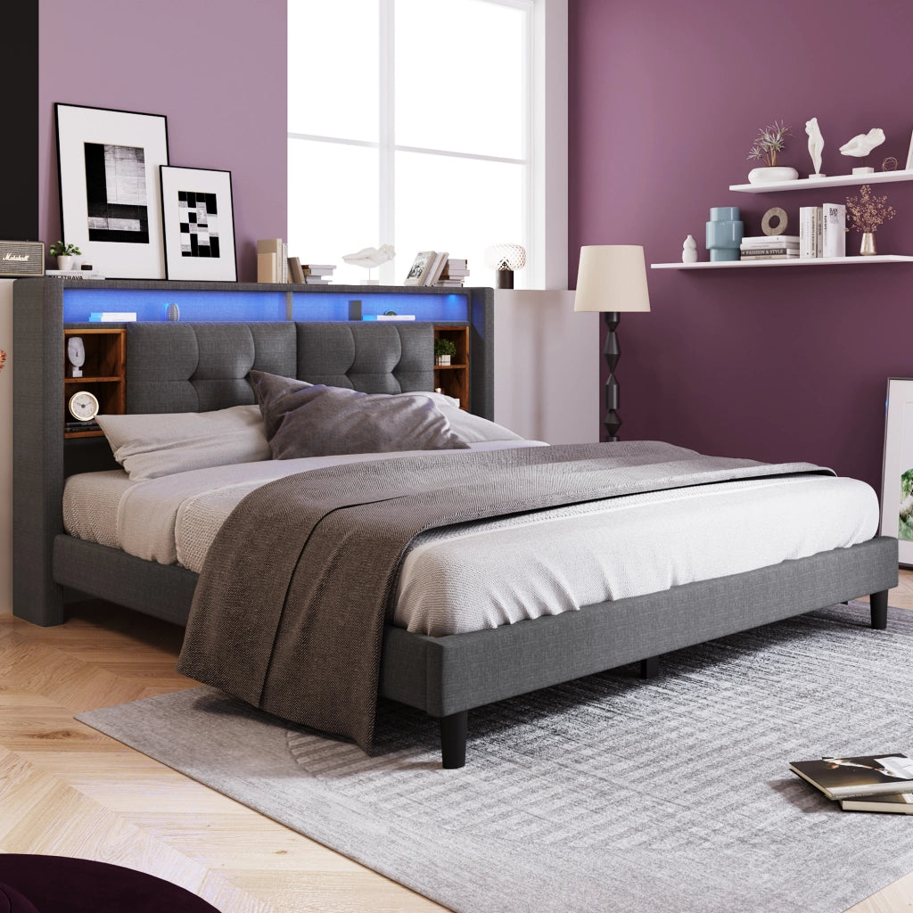 Letto imbottito 140 × 200 cm con testiera contenitore LED USB e prese in legno grigio
