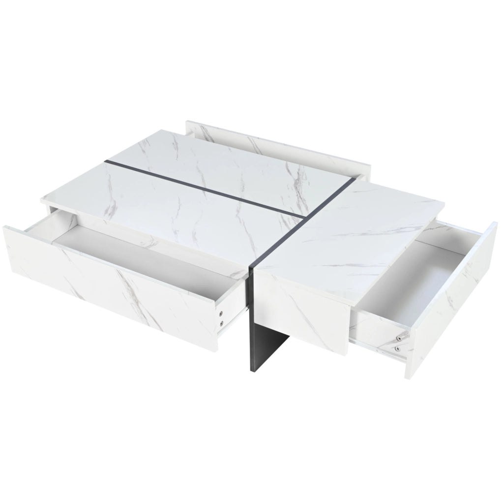 Tavolino da caffè moderno bianco 105 x 60 x 35 cm con LED; 3 cassetti e piano effetto marmo