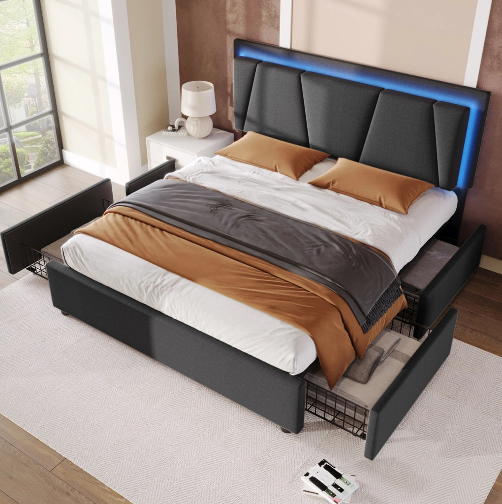 Letto matrimoniale imbottito 140x200 cm con illuminazione LED, 4 cassetti e testiera regolabile in altezza grigio