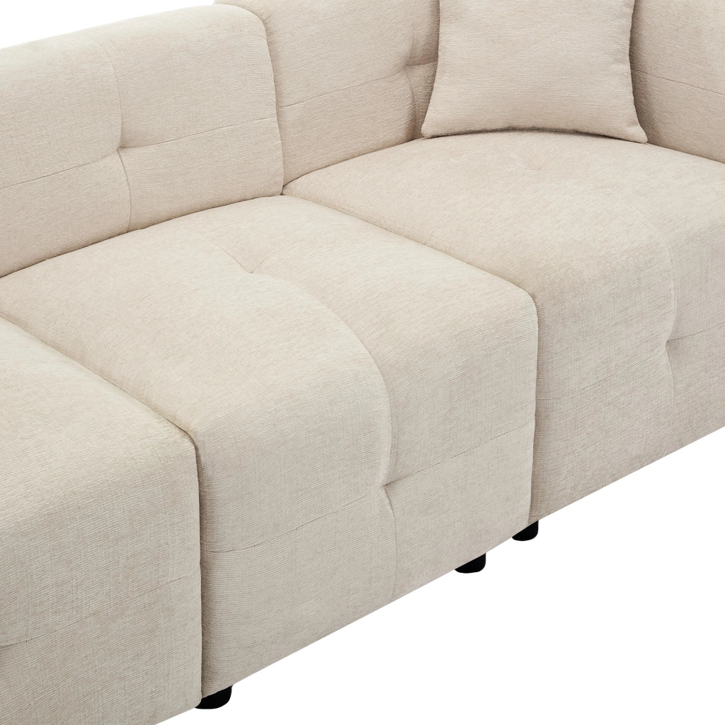 Divano angolare 3 posti in ciniglia beige con pouf contenitore e 2 cuscini